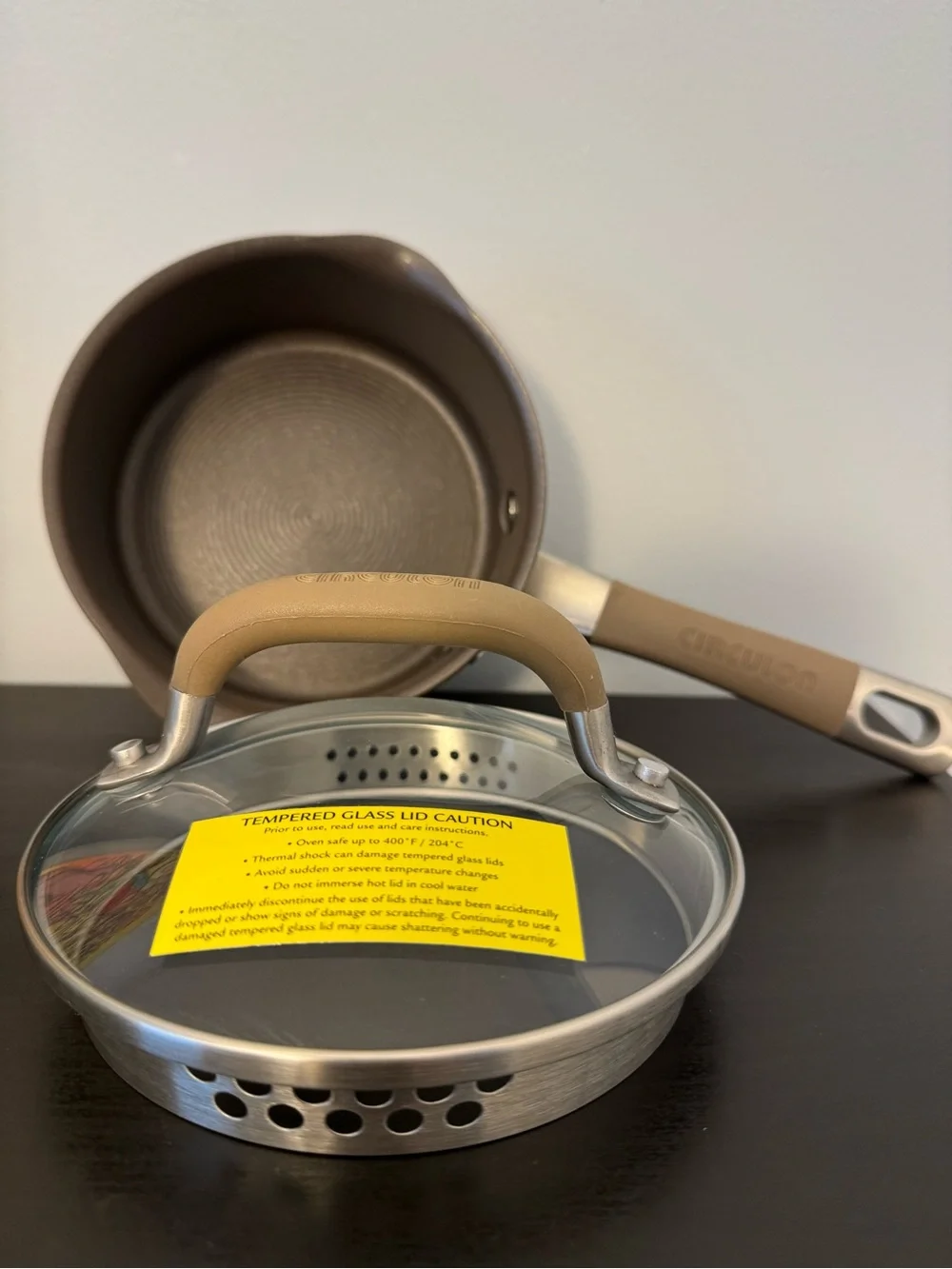 Circulon Premier Professional 1 QT Saucepan nonstick glass straining lid bronze